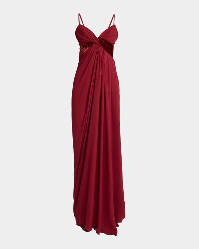 V-Neck Twisted Silk And Velvet Gown